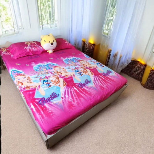 KIDS QUEEN SIZE GLAZE COTTON  BEDSHEET SET- BARBIE PRINT