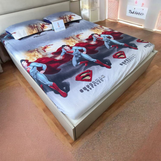 KIDS QUEEN SIZE GLAZE COTTON  BEDSHEET SET- SUPERMAN PRINT