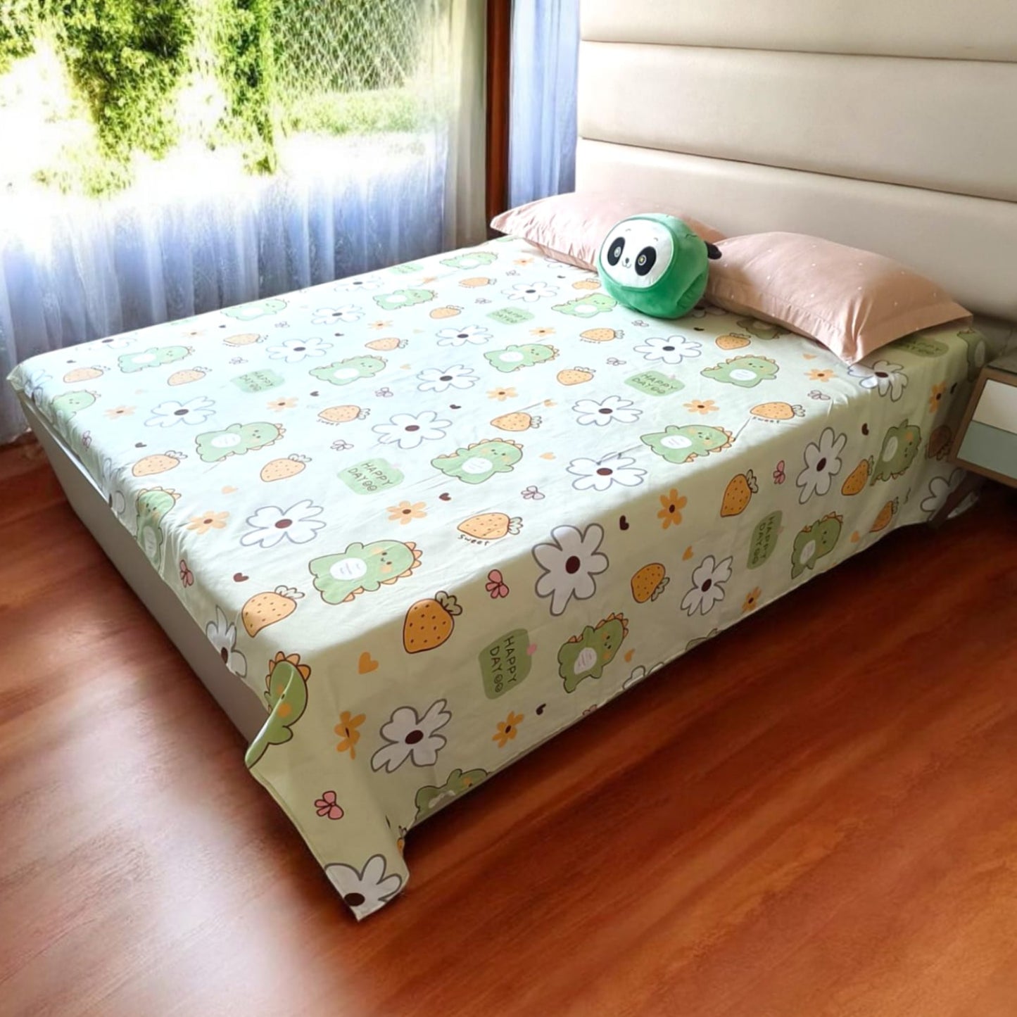 KIDS QUEEN SIZE GLAZE COTTON  BEDSHEET SET-GREEN DINOSAUR PRINT