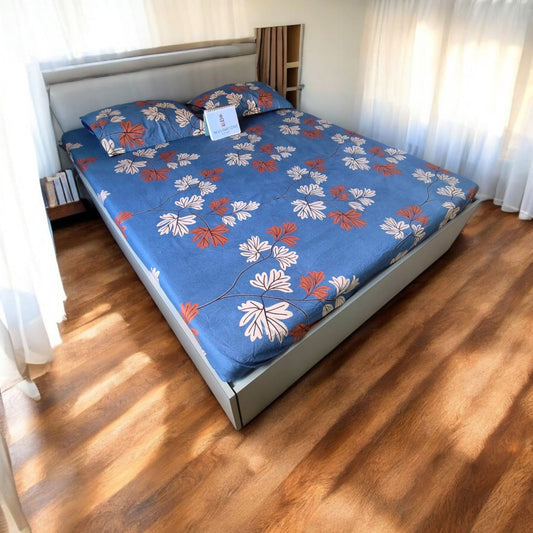 FLORAL QUEEN SIZE GLAZE COTTON BEDSHEET SET- BLUE