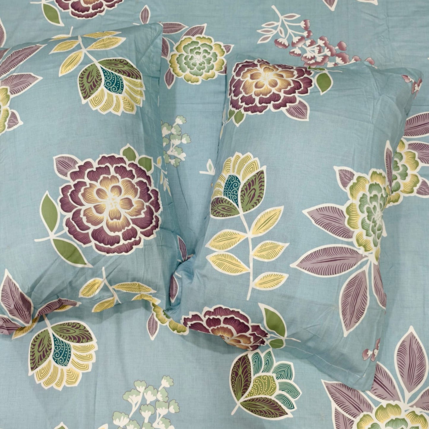 FLORAL QUEEN SIZE PURE COTTON BEDSHEET SET-BLUE