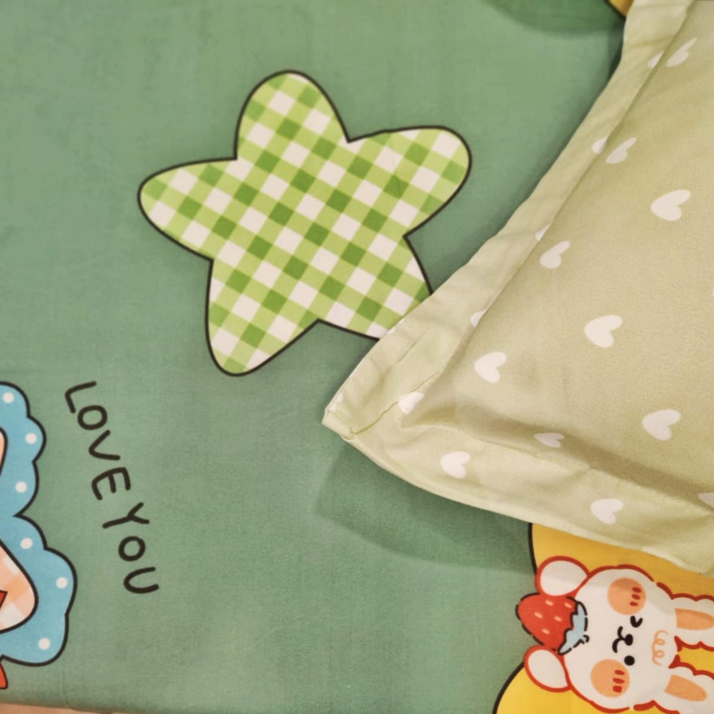 KIDS QUEEN SIZE GLAZE COTTON  BEDSHEET SET-GREEN STAR PRINT