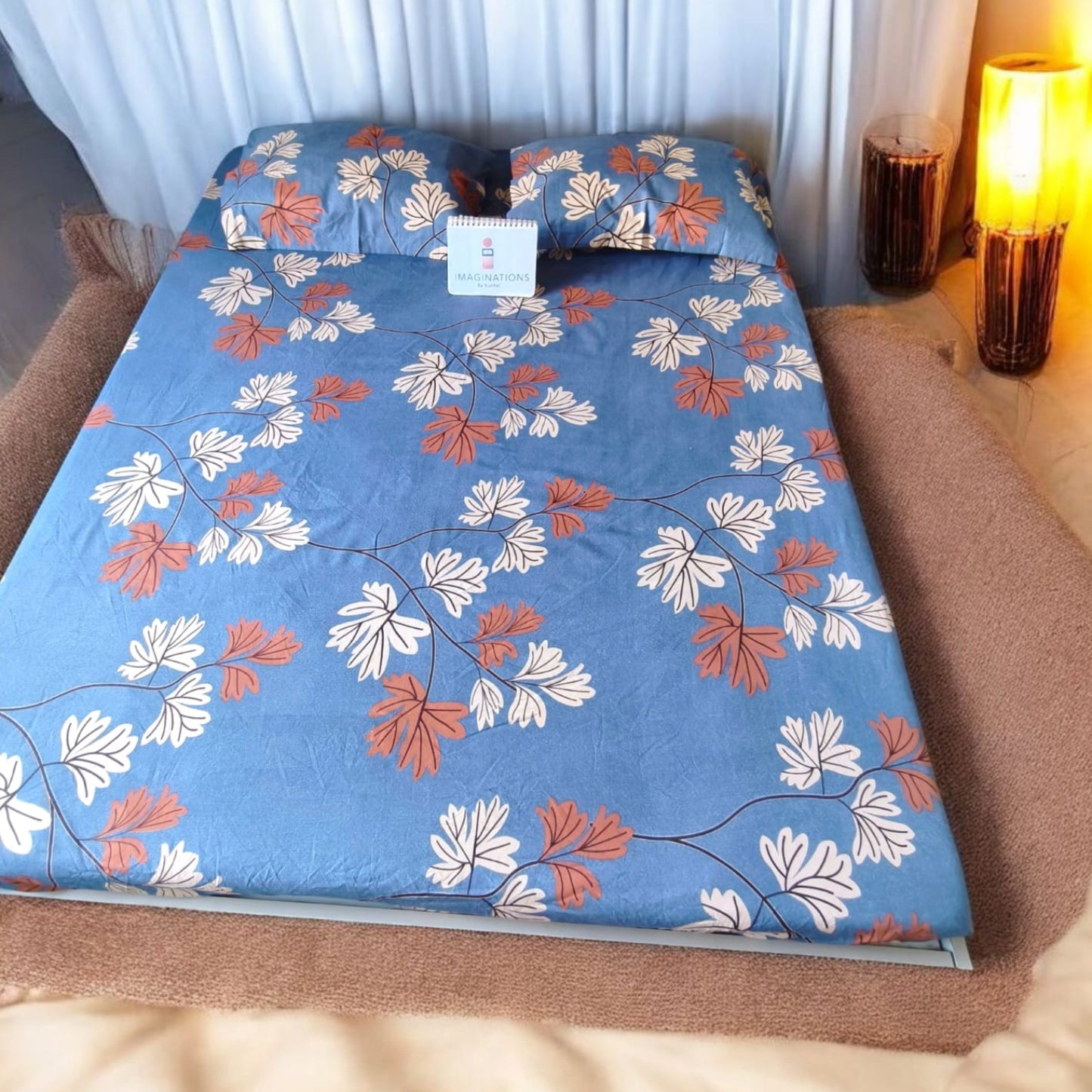 FLORAL QUEEN SIZE GLAZE COTTON BEDSHEET SET- BLUE