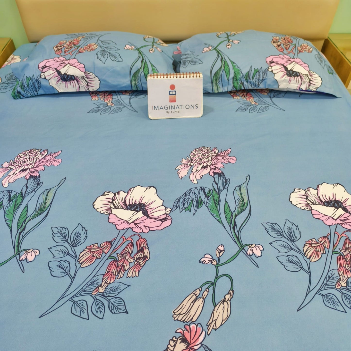 FLORAL QUEEN SIZE GLAZE COTTON BEDSHEET SET- BLUE