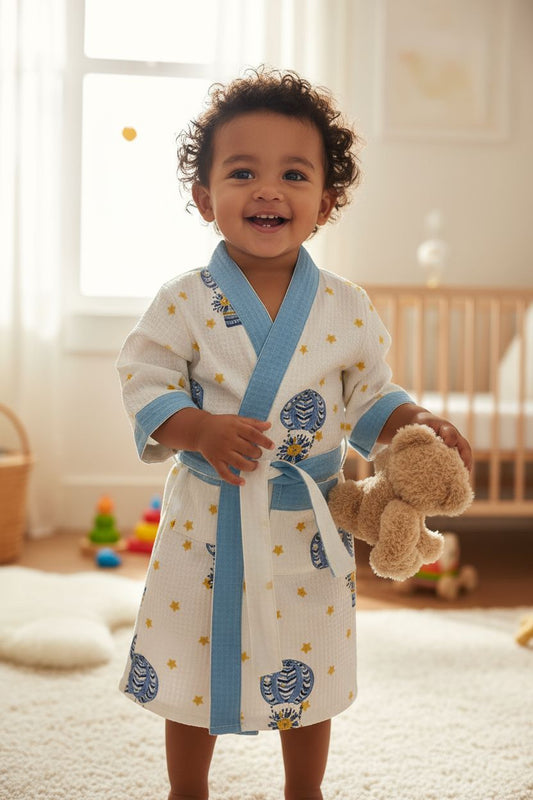 HANDBLOCK PRINTED KIDS BATHROBE-BLUE HOT AIR BALLOON