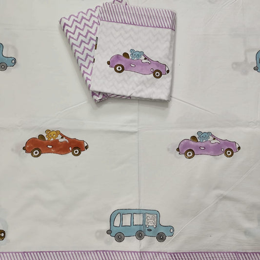 KIDS KING SIZE HANDBLOCK PRINTED PERCALE COTTON BEDSHEET-CAR PRINT