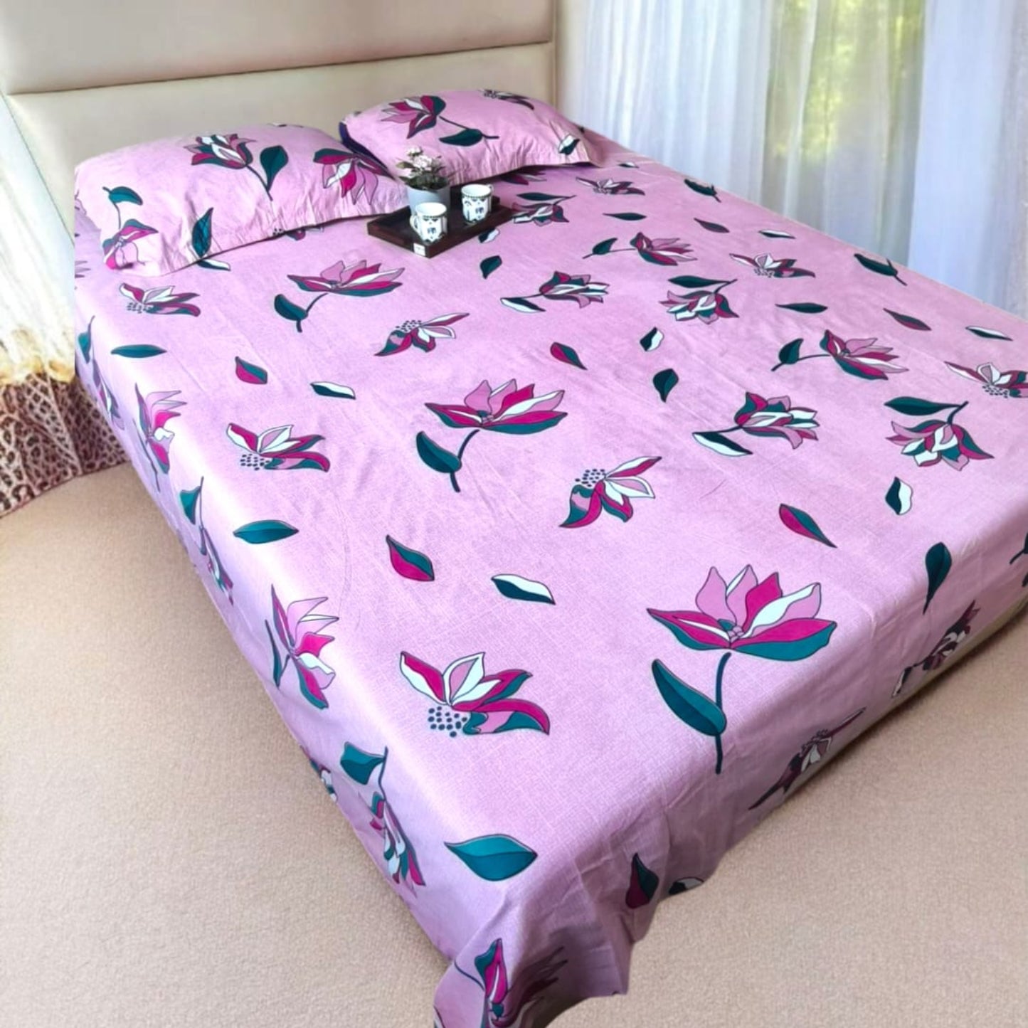FLORAL QUEEN SIZE GLAZE COTTON  BEDSHEET SET-PINK