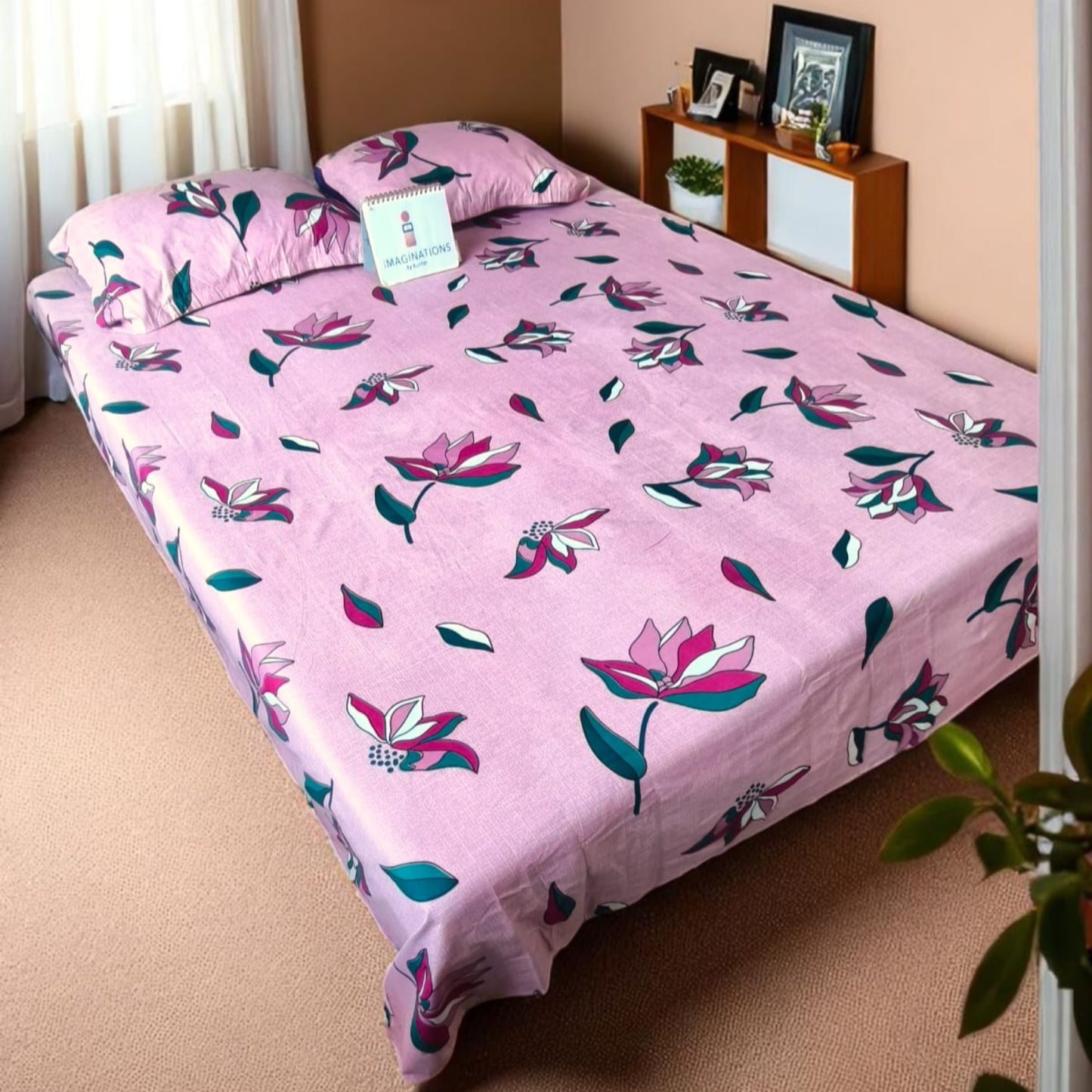 FLORAL QUEEN SIZE GLAZE COTTON  BEDSHEET SET-PINK