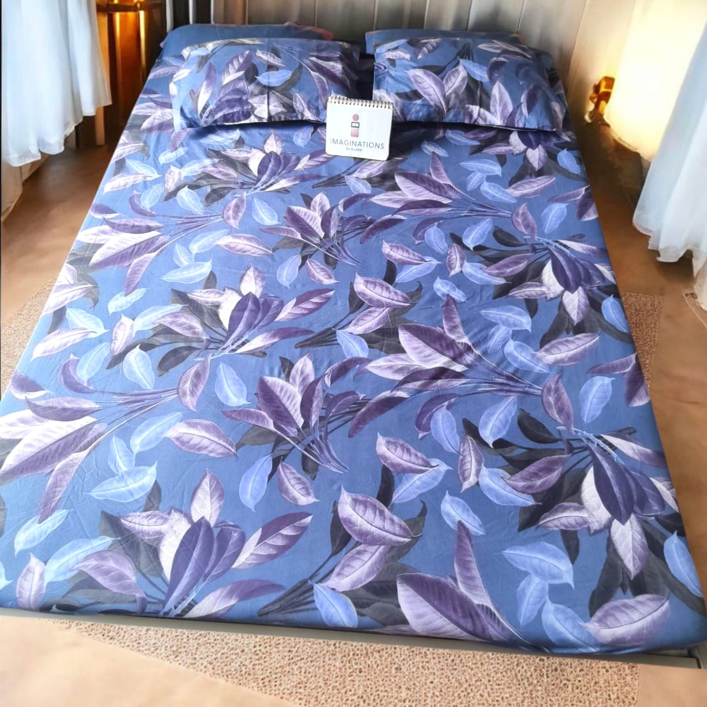 FLORAL QUEEN SIZE GLAZE COTTON BEDSHEET SET- BLUE