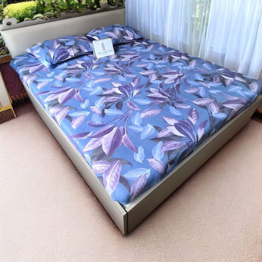 FLORAL QUEEN SIZE GLAZE COTTON BEDSHEET SET- BLUE