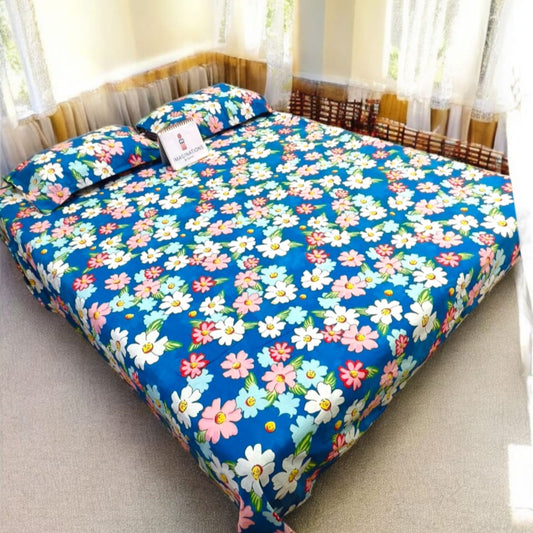 FLORAL QUEEN SIZE GLAZE COTTON  BEDSHEET SET-BLUE
