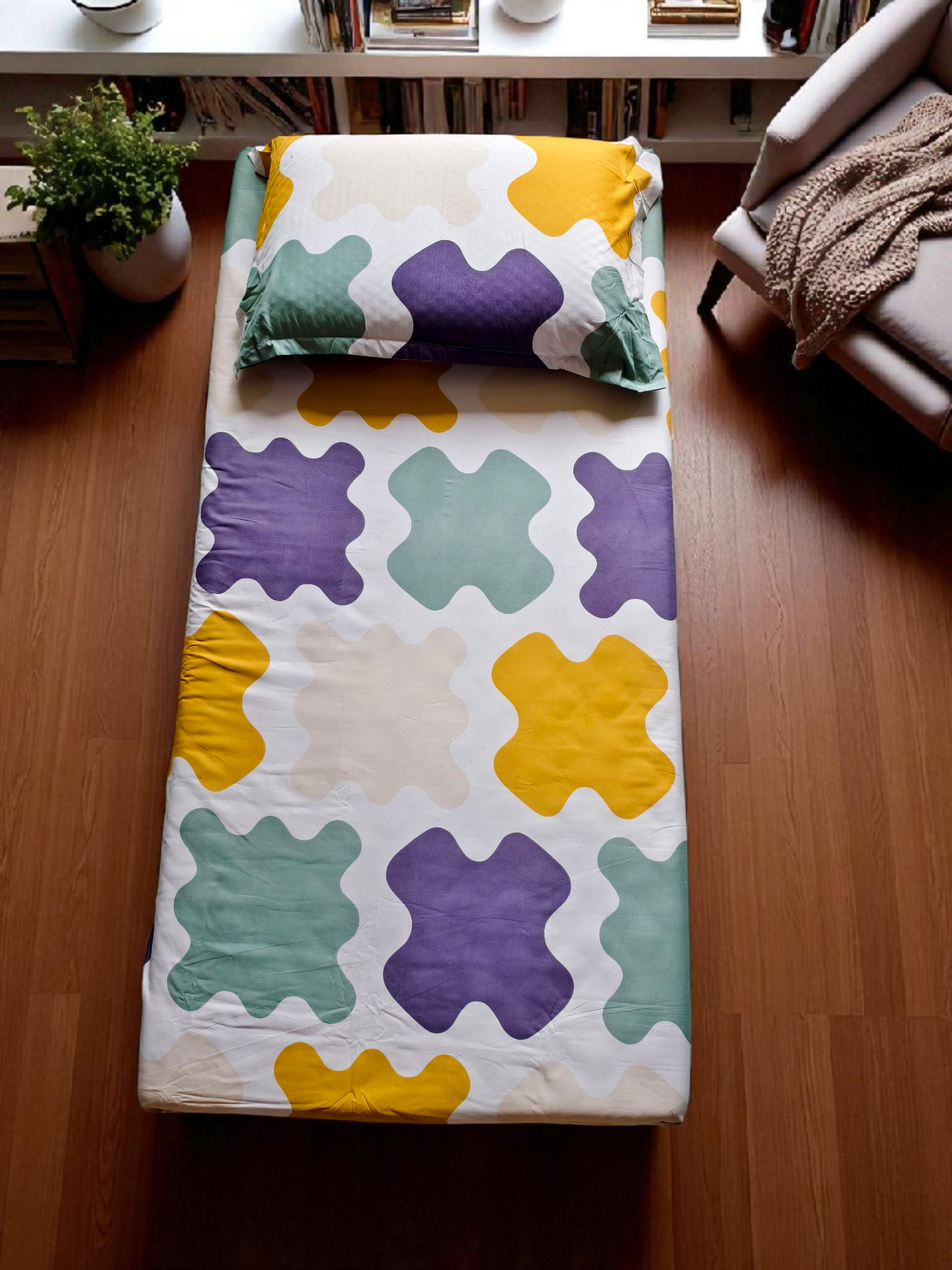 KIDS SINGLE SIZE GLAZE COTTON  BEDSHEET SET-SQUARES