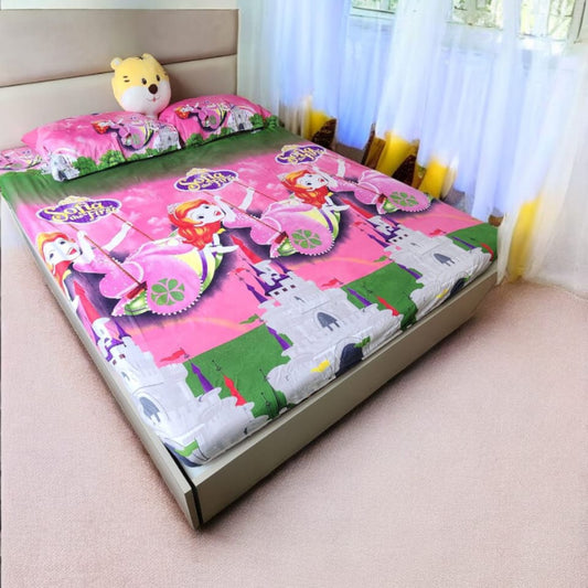 KIDS QUEEN SIZE GLAZE COTTON  BEDSHEET SET- SOFIA PRINT