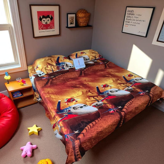 KIDS QUEEN SIZE GLAZE COTTON  BEDSHEET SET-PLANE PRINT