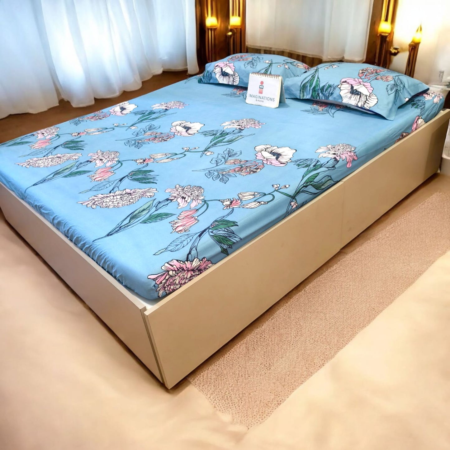 FLORAL QUEEN SIZE GLAZE COTTON BEDSHEET SET- BLUE