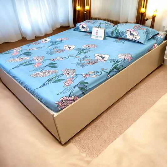 FLORAL QUEEN SIZE GLAZE COTTON BEDSHEET SET- BLUE