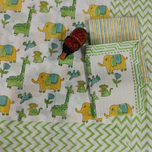 KIDS KING SIZE HANDBLOCK PRINTED PERCALE COTTON BEDSHEET- ANIMAL PRINT