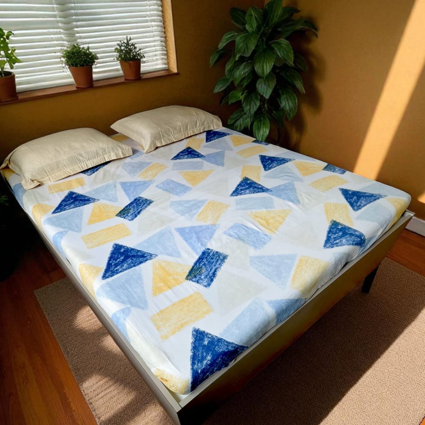 GEOMETRIC QUEEN SIZE PURE COTTON BEDSHEET SET-BLUE