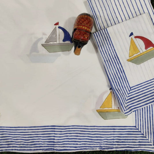 KIDS KING SIZE HANDBLOCK PRINTED PERCALE COTTON BEDSHEET-YATCHT PRINT