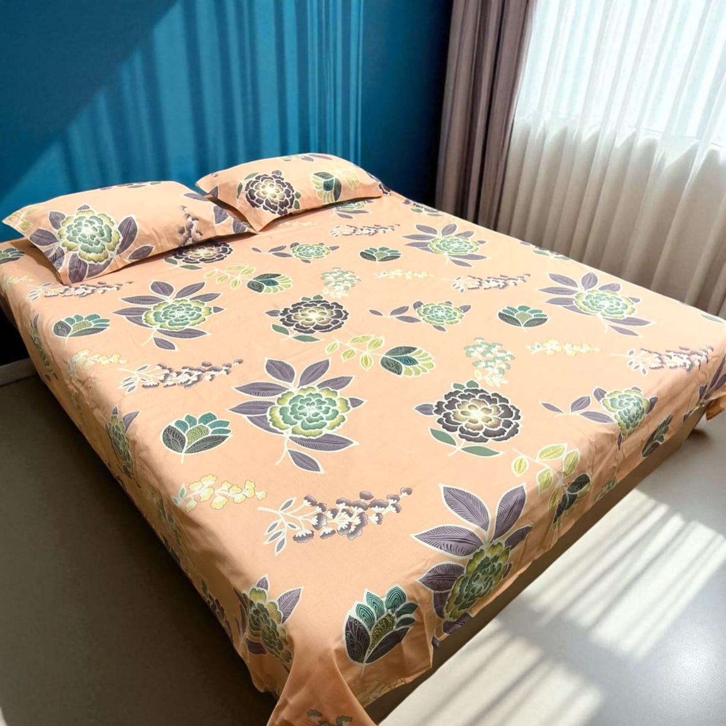 FLORAL QUEEN SIZE PURE COTTON BEDSHEET SET-PEACH