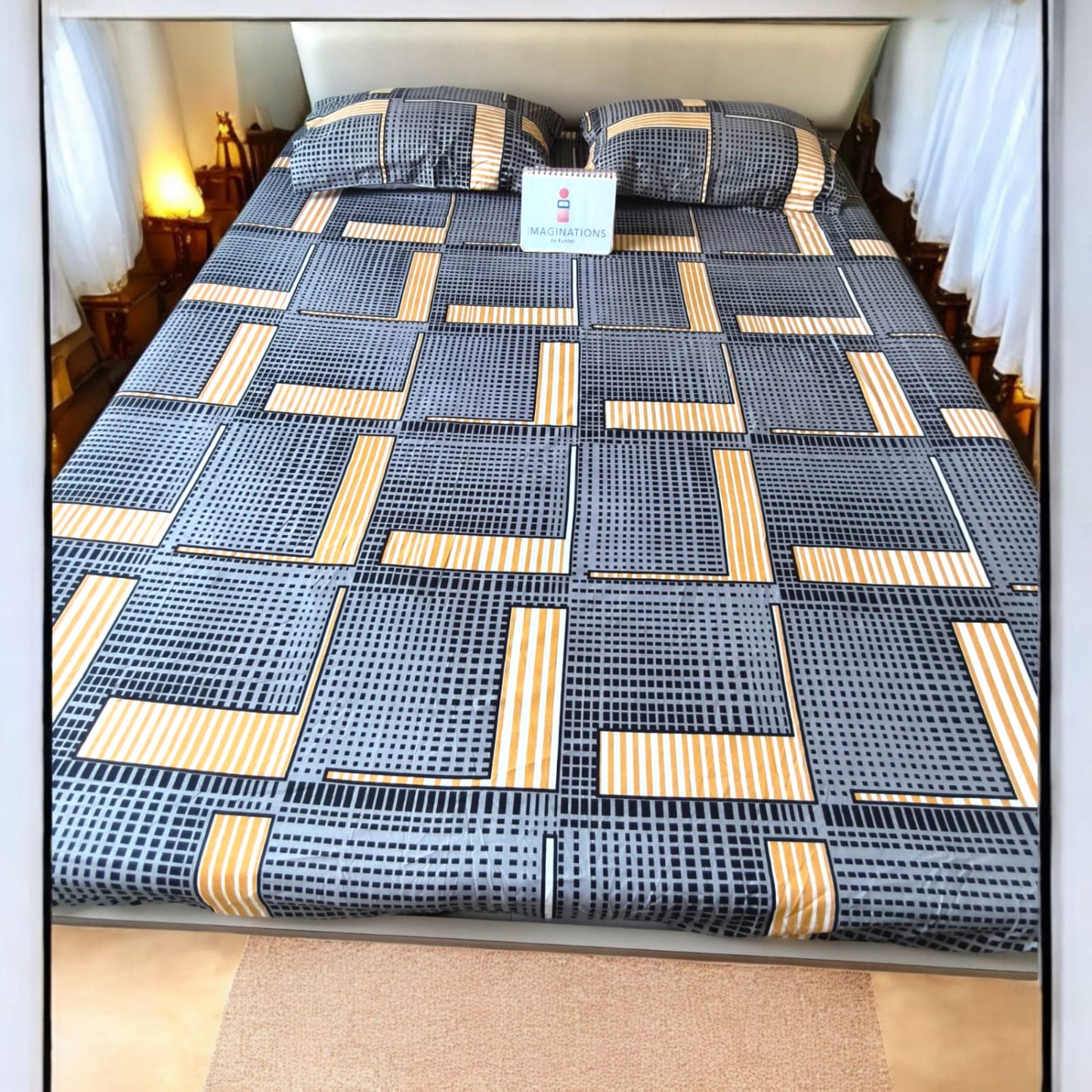 GEOMETRIC QUEEN SIZE GLAZE COTTON BEDSHEET SET- GREY