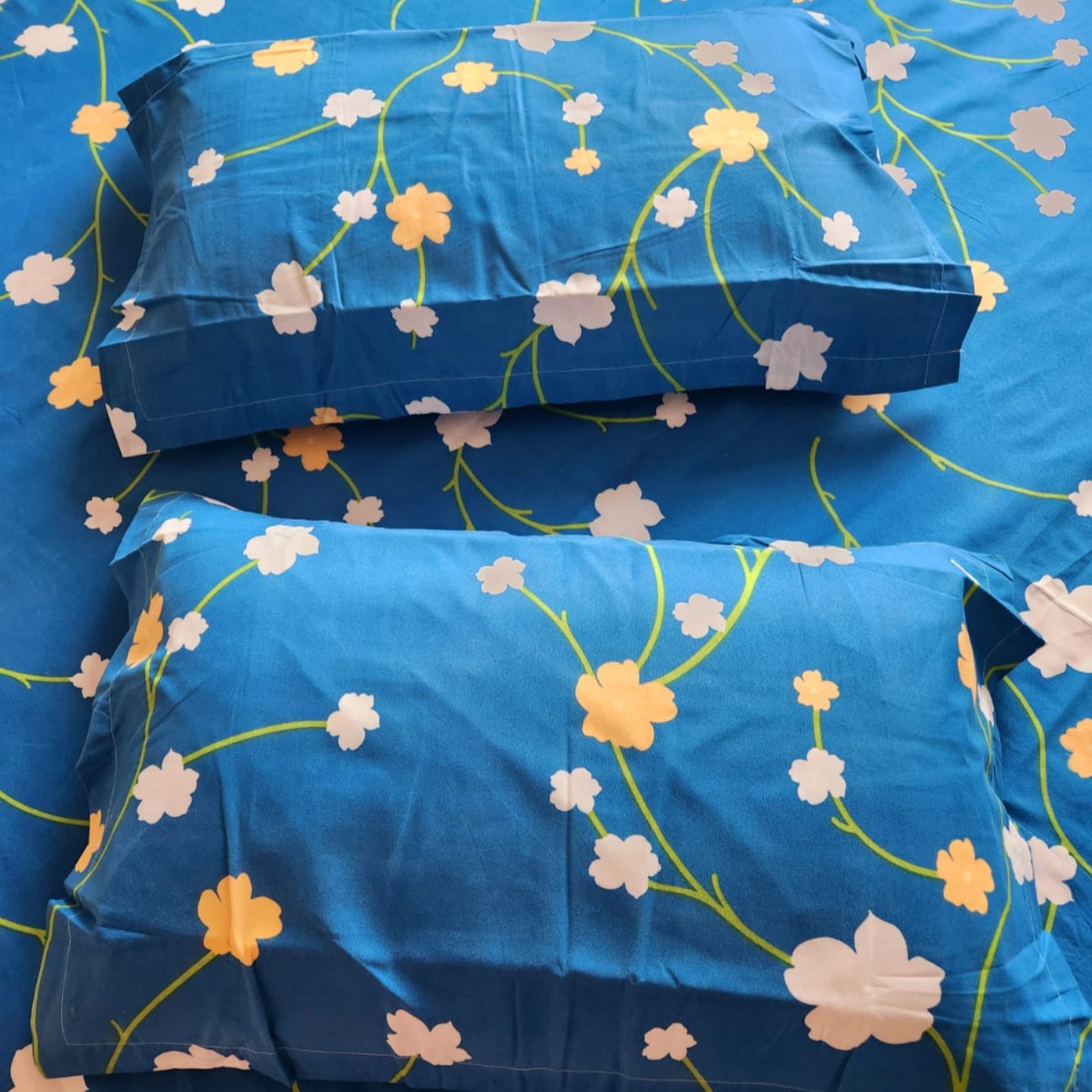 FLORAL QUEEN SIZE GLAZE COTTON  BEDSHEET SET-BLUE