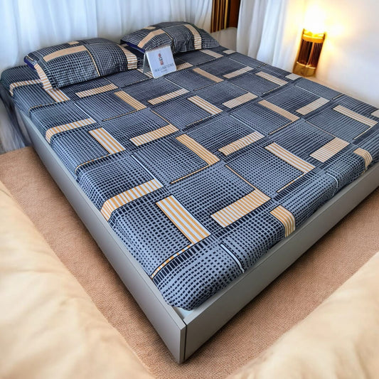 GEOMETRIC QUEEN SIZE GLAZE COTTON BEDSHEET SET- GREY