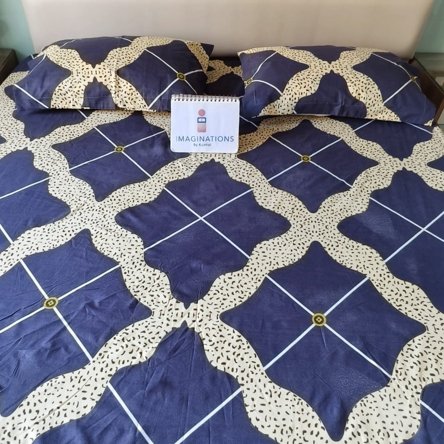 GEOMETRIC QUEEN SIZE GLAZE COTTON BEDSHEET SET- BLUE