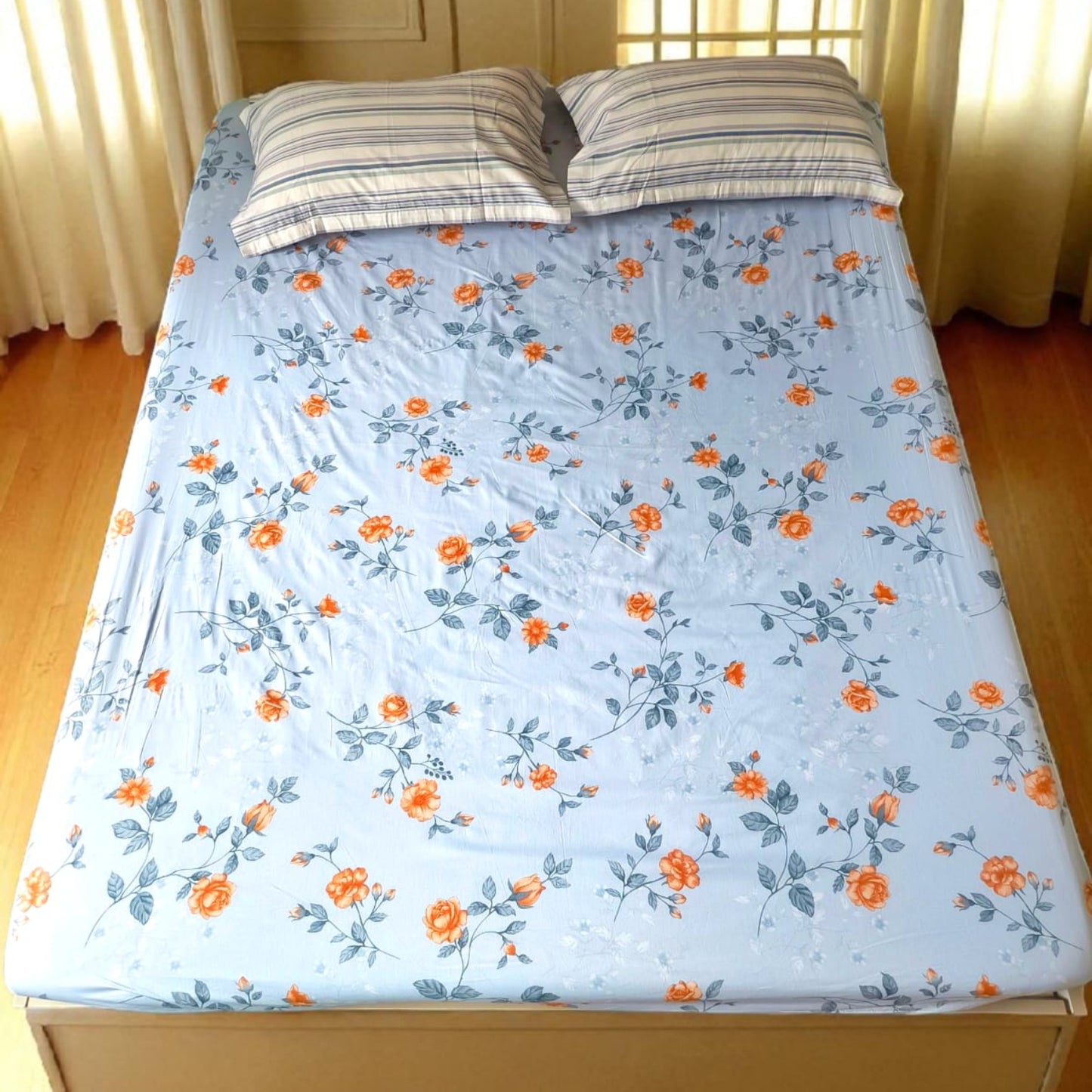 GEOMETRIC QUEEN SIZE PURE COTTON BEDSHEET SET- BLUE