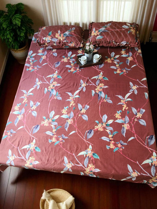 FLORAL  QUEEN SIZE GLAZE COTTON  BEDSHEET SET-MAROON