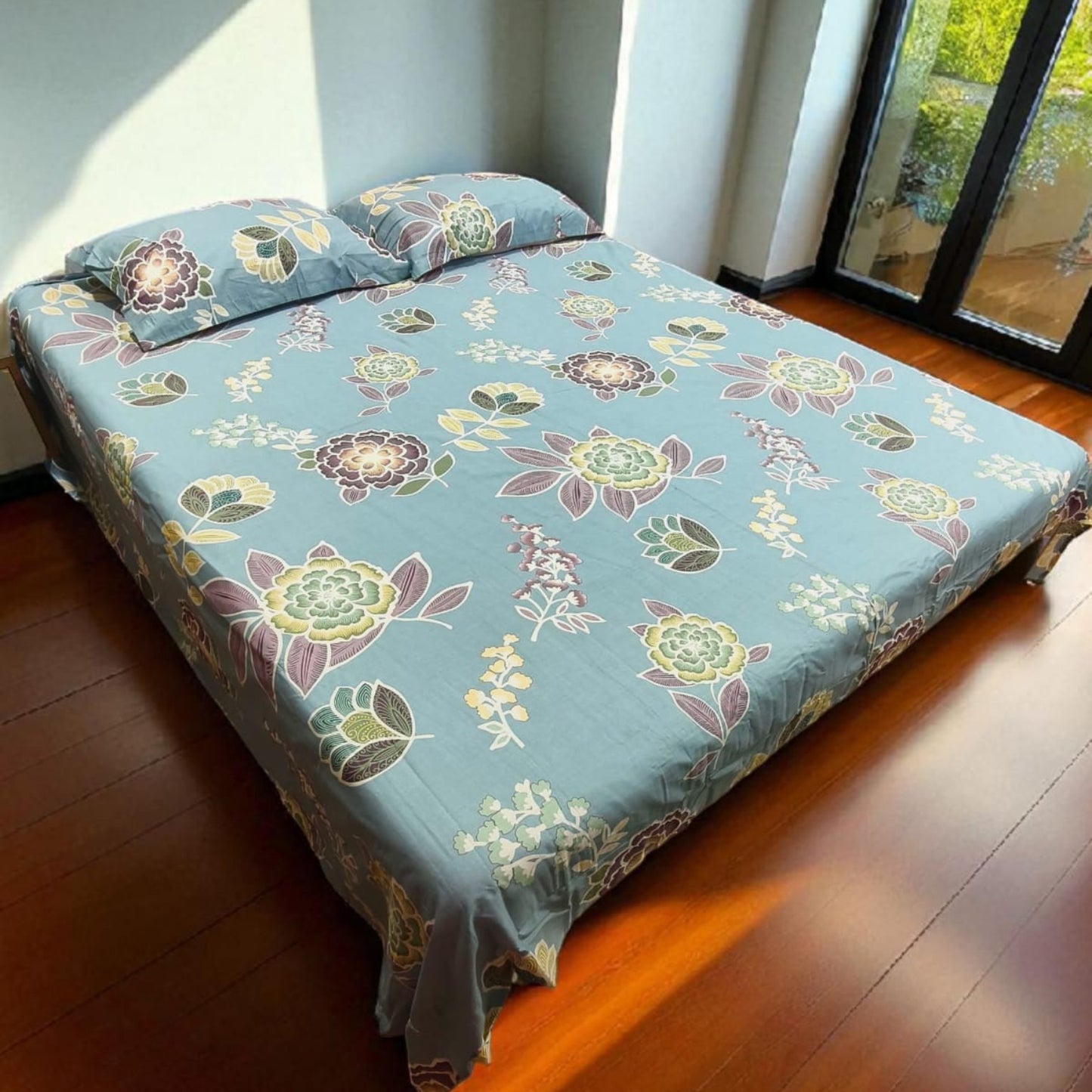 FLORAL QUEEN SIZE PURE COTTON BEDSHEET SET-BLUE