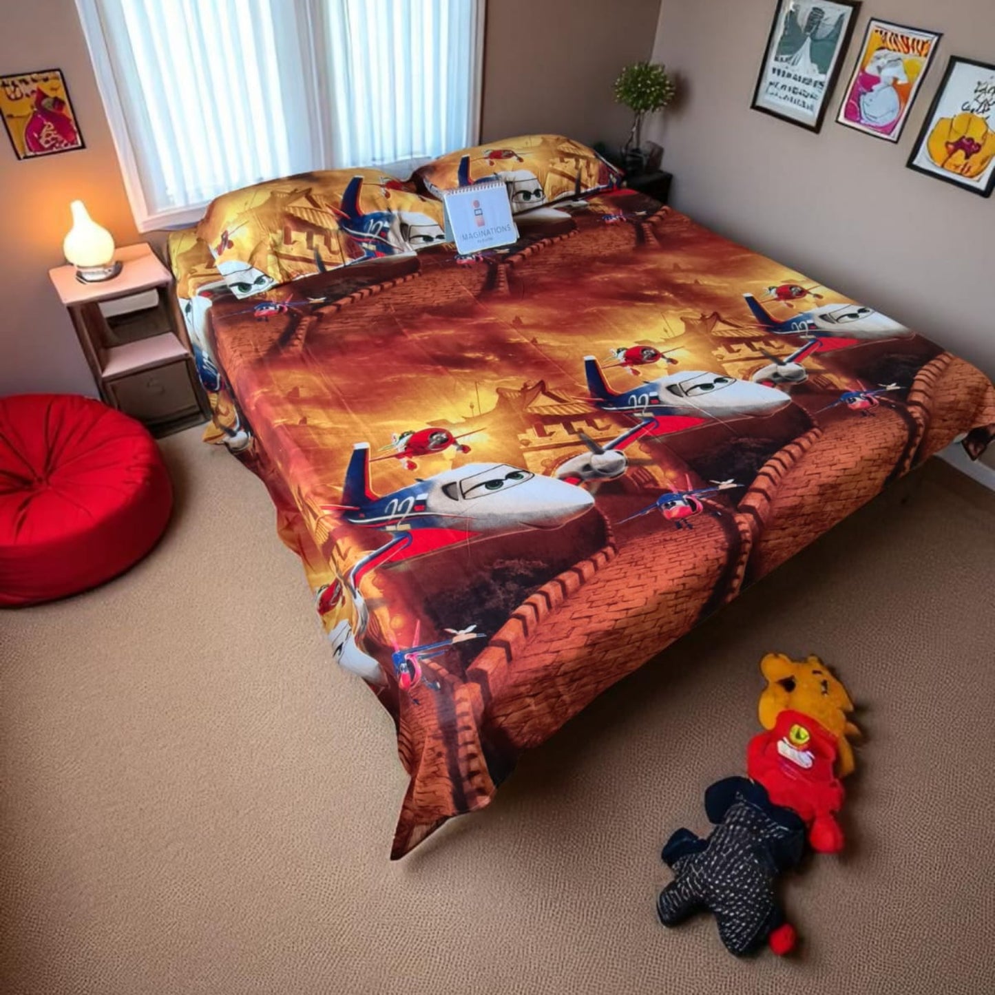 KIDS QUEEN SIZE GLAZE COTTON  BEDSHEET SET-PLANE PRINT