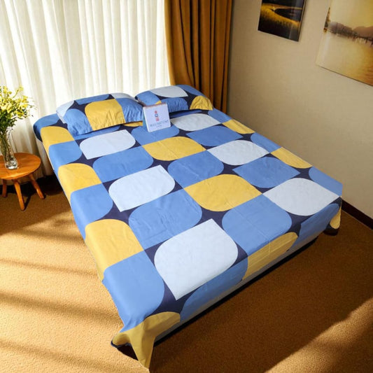 GEOMETRIC QUEEN SIZE GLAZE COTTON  BEDSHEET SET-BLUE