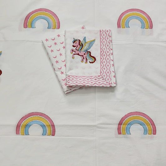 KIDS KING SIZE HANDBLOCK PRINTED PERCALE COTTON BEDSHEET-UNICORN