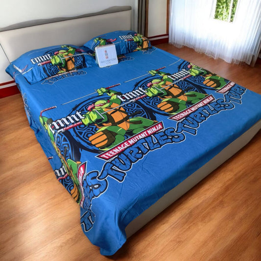 KIDS QUEEN SIZE GLAZE COTTON  BEDSHEET SET-BLUE NINJA TURTLES