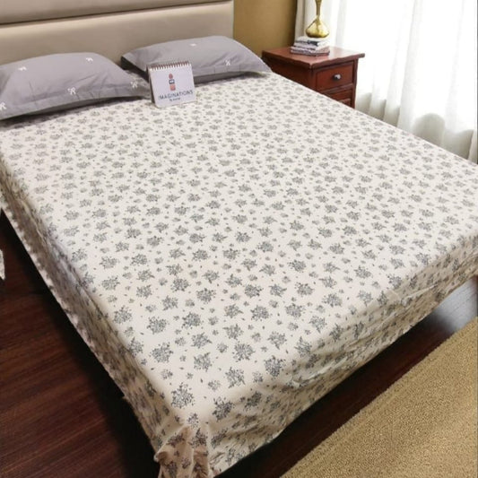 FLORAL KING SIZE PURE COTTON  BEDSHEET SET - WHITE