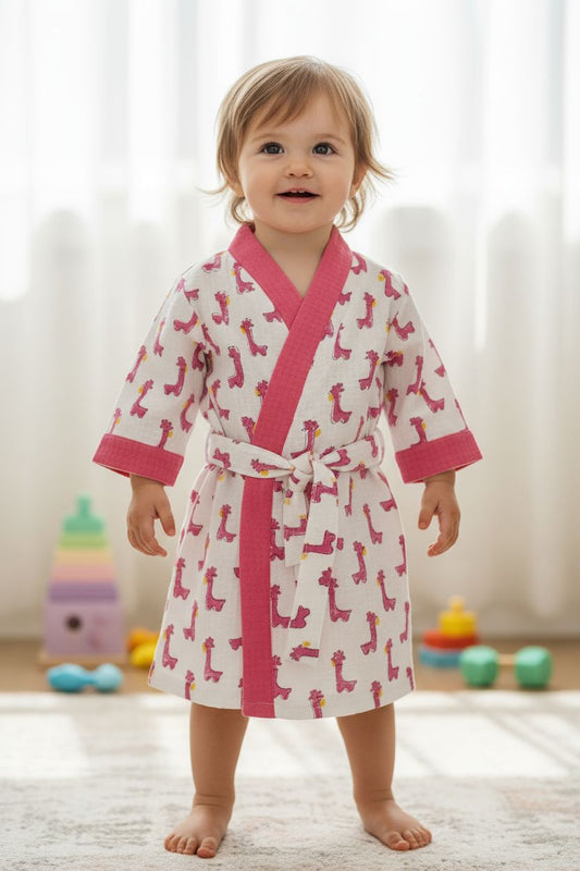 HANDBLOCK PRINTED KIDS BATHROBE-  PINK GIRAFFE