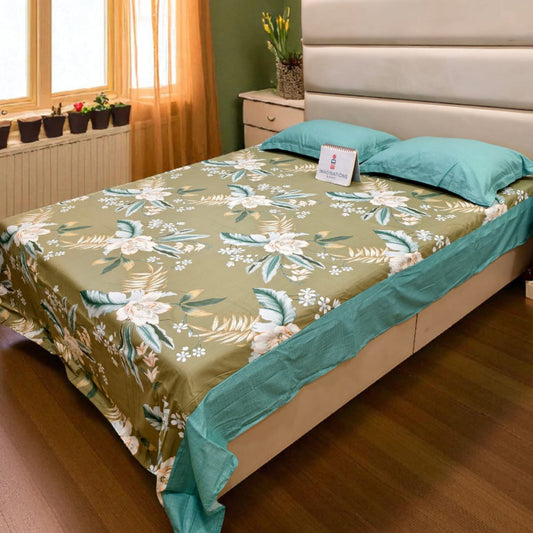 FLORAL KING SIZE PURE COTTON  BEDSHEET SET- GREEN