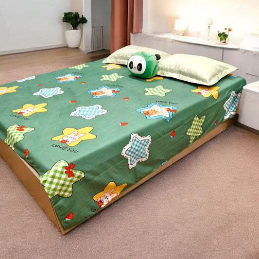 KIDS QUEEN SIZE GLAZE COTTON  BEDSHEET SET-GREEN STAR PRINT