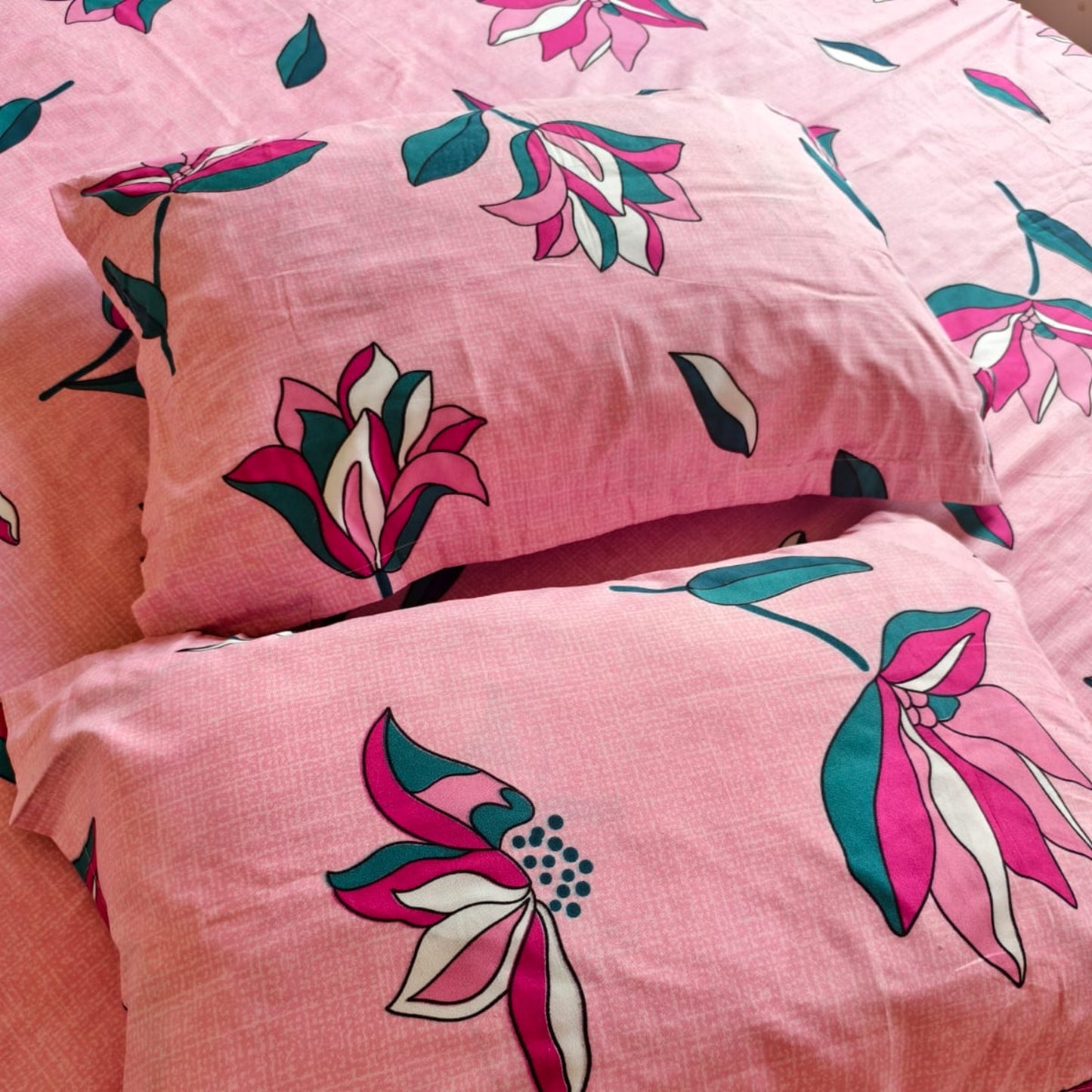 FLORAL QUEEN SIZE GLAZE COTTON  BEDSHEET SET-PINK