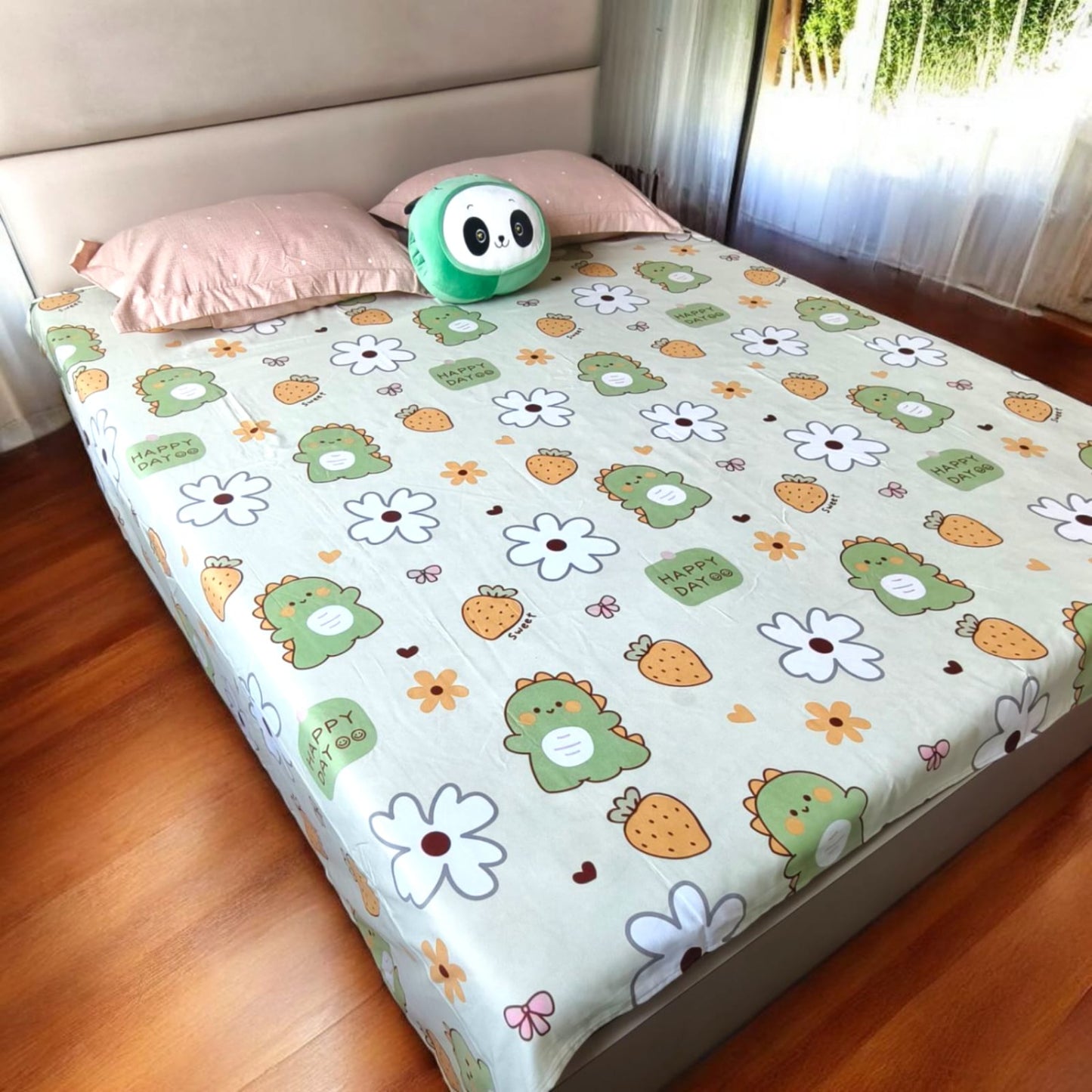 KIDS QUEEN SIZE GLAZE COTTON  BEDSHEET SET-GREEN DINOSAUR PRINT